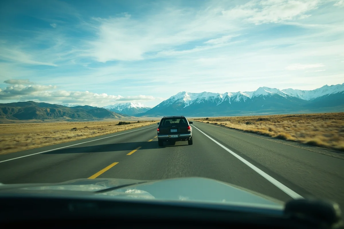 Car driving on empty Montana highway with mountains in distance and big sky above