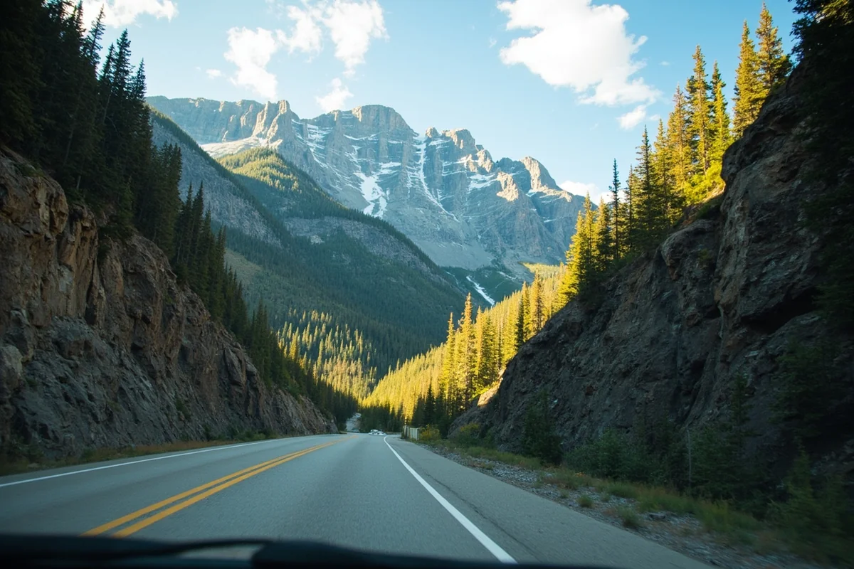 Car driving on Going-to-the-Sun Road with mountain walls rising on one side and steep drop on other