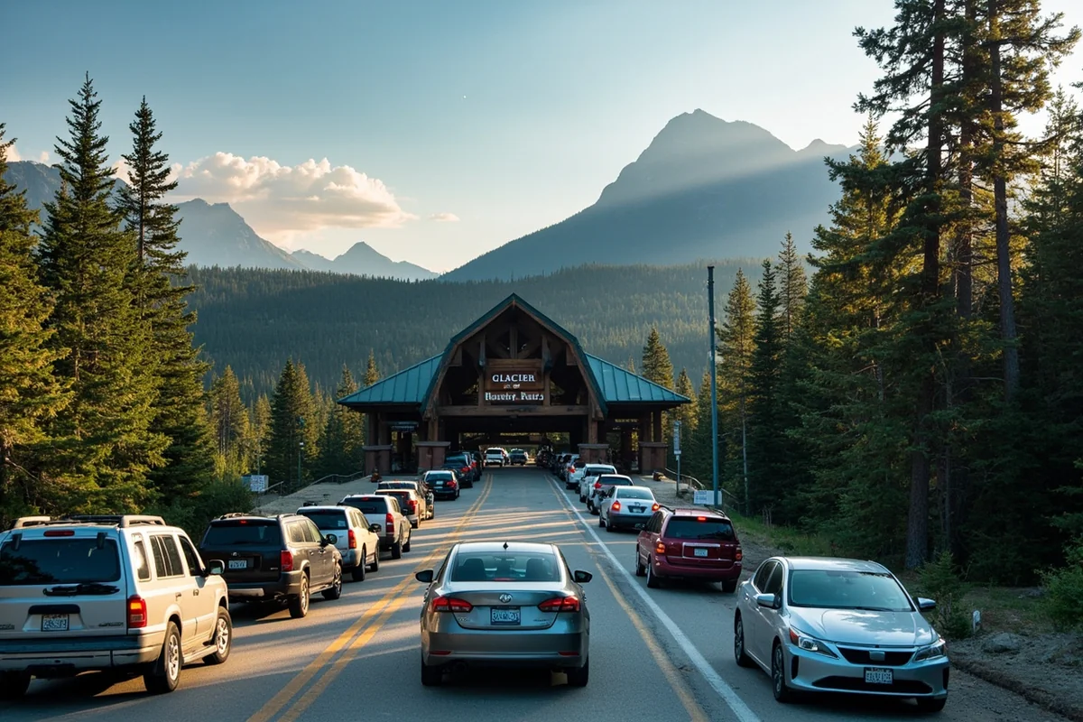 Cars lined up at Glacier National Park entrance station during peak summer season