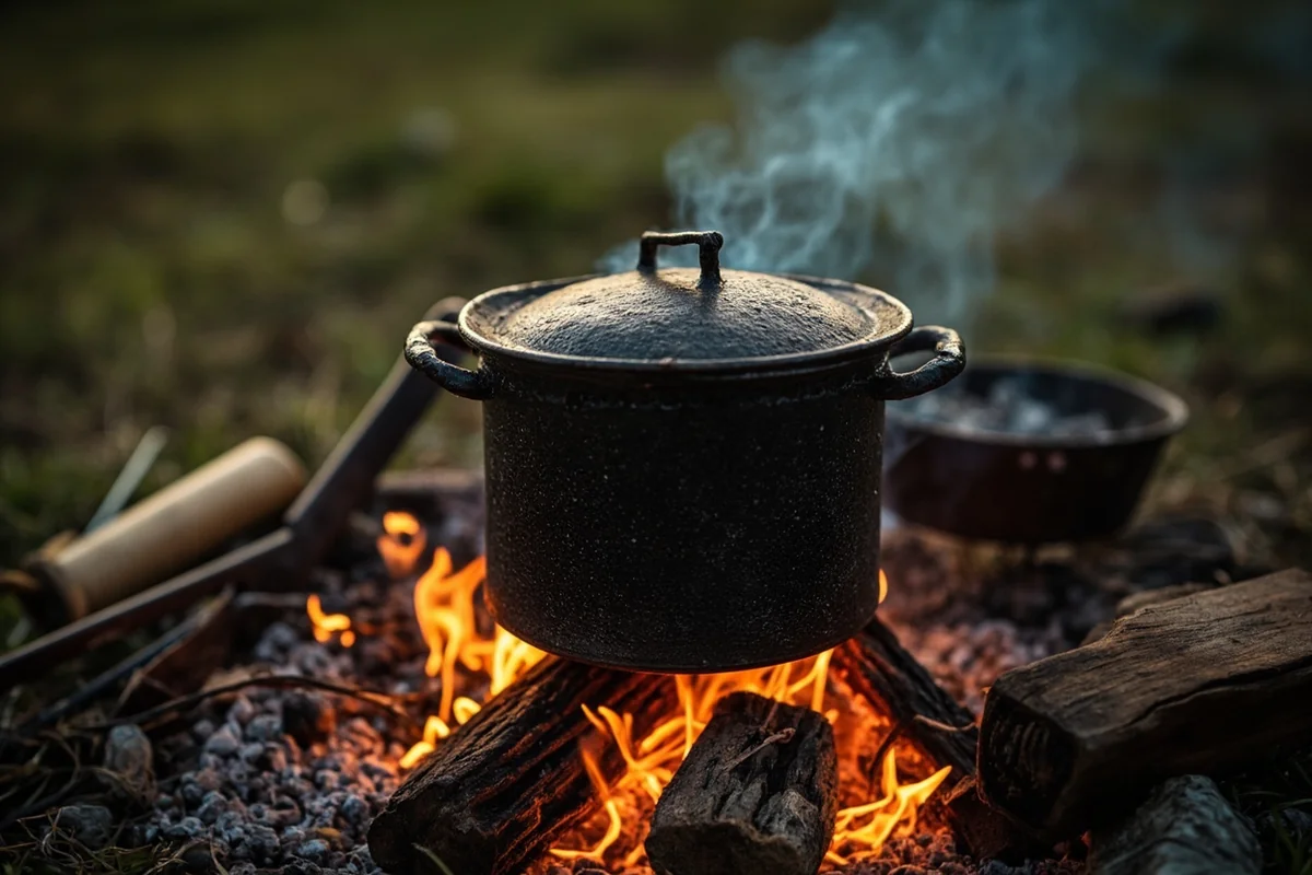 Cast-iron bean pot over campfire with vintage cooking implements