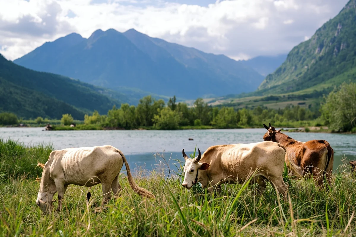 Cattle grazing near river with mountain backdrop