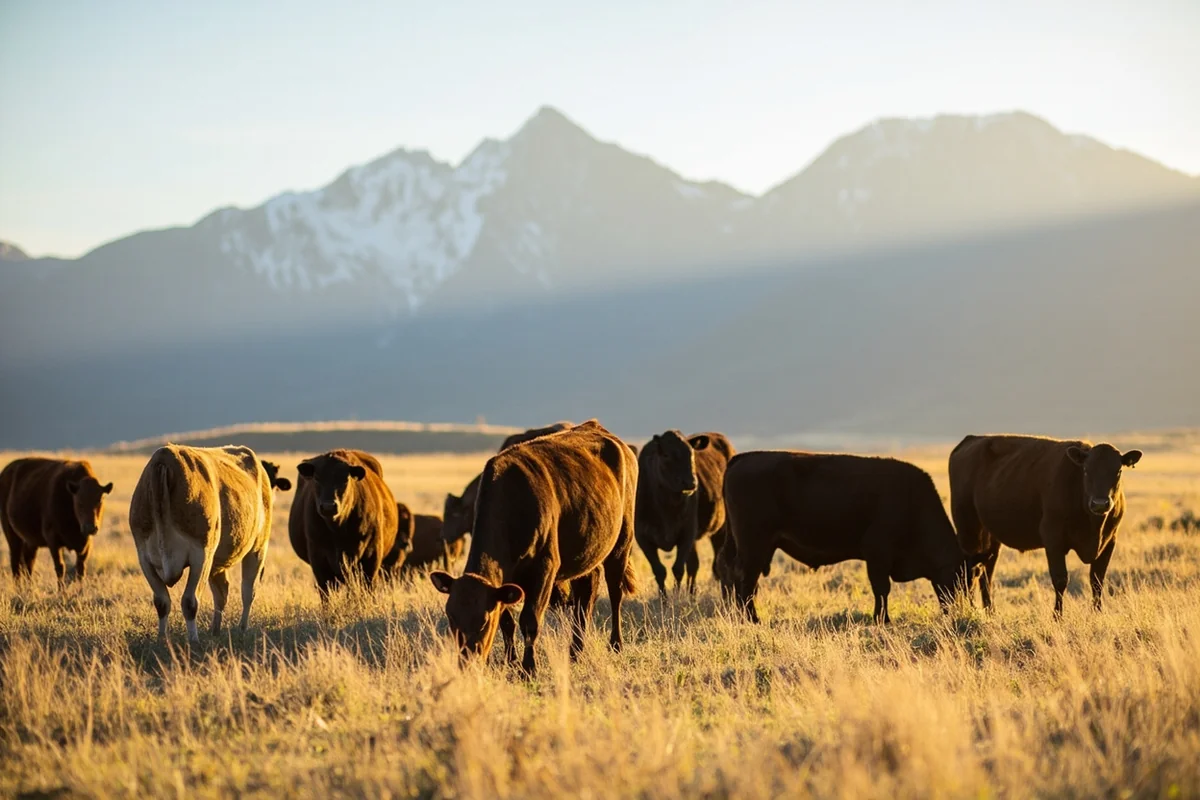 Cattle grazing on Montana ranch with mountain backdrop