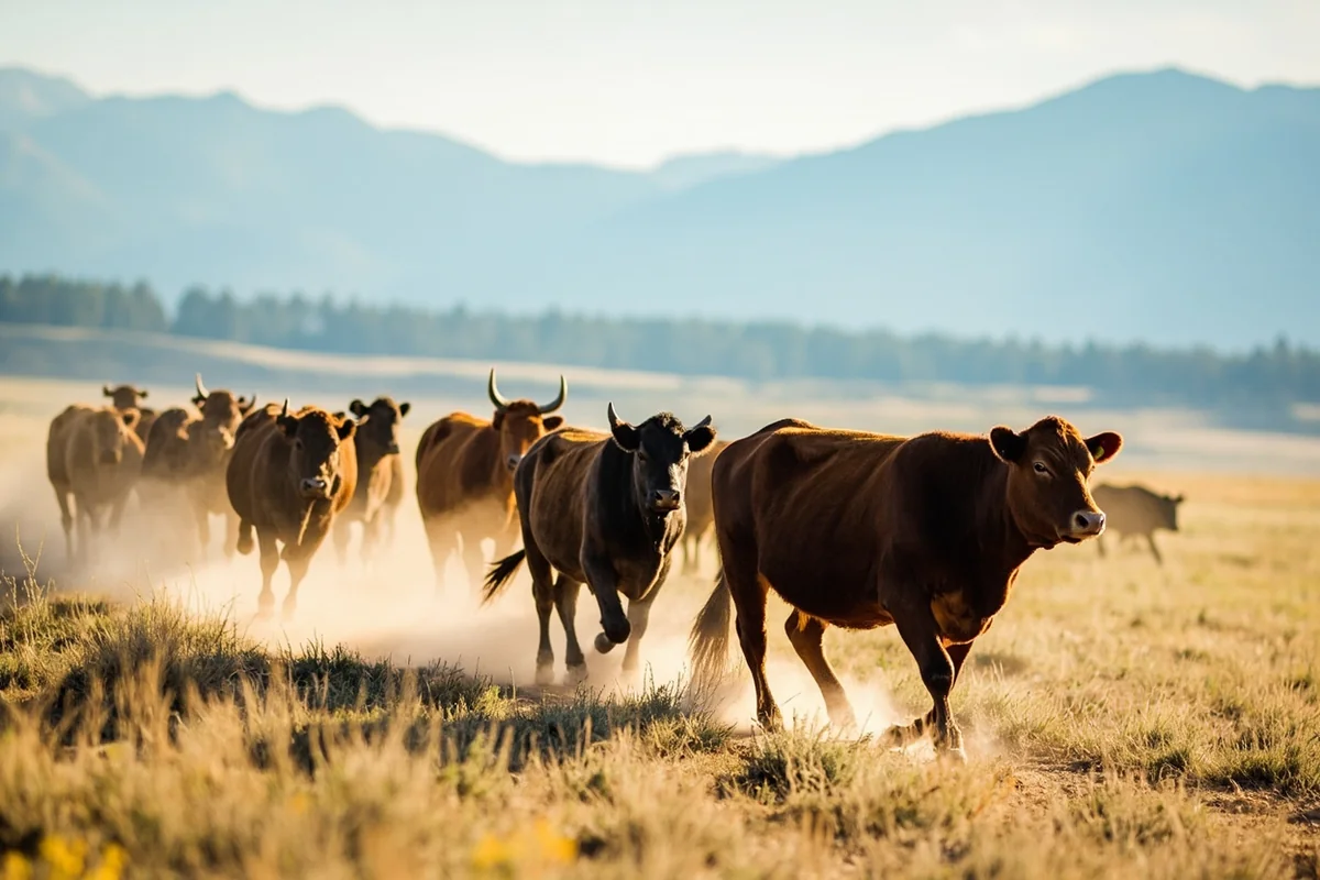 Cattle herd moving across open Montana rangeland with mountains in background