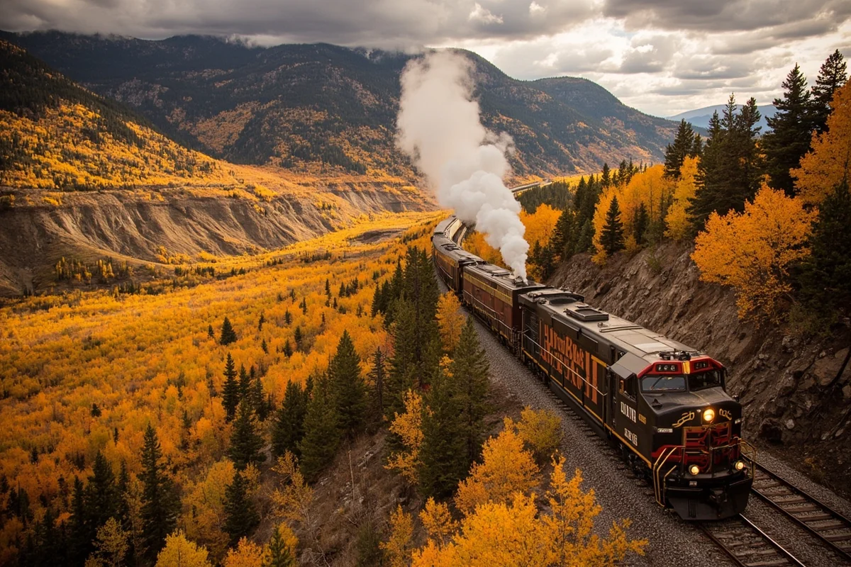 Charlie Russell Chew Choo dinner train winding through a colorful Montana canyon in fall