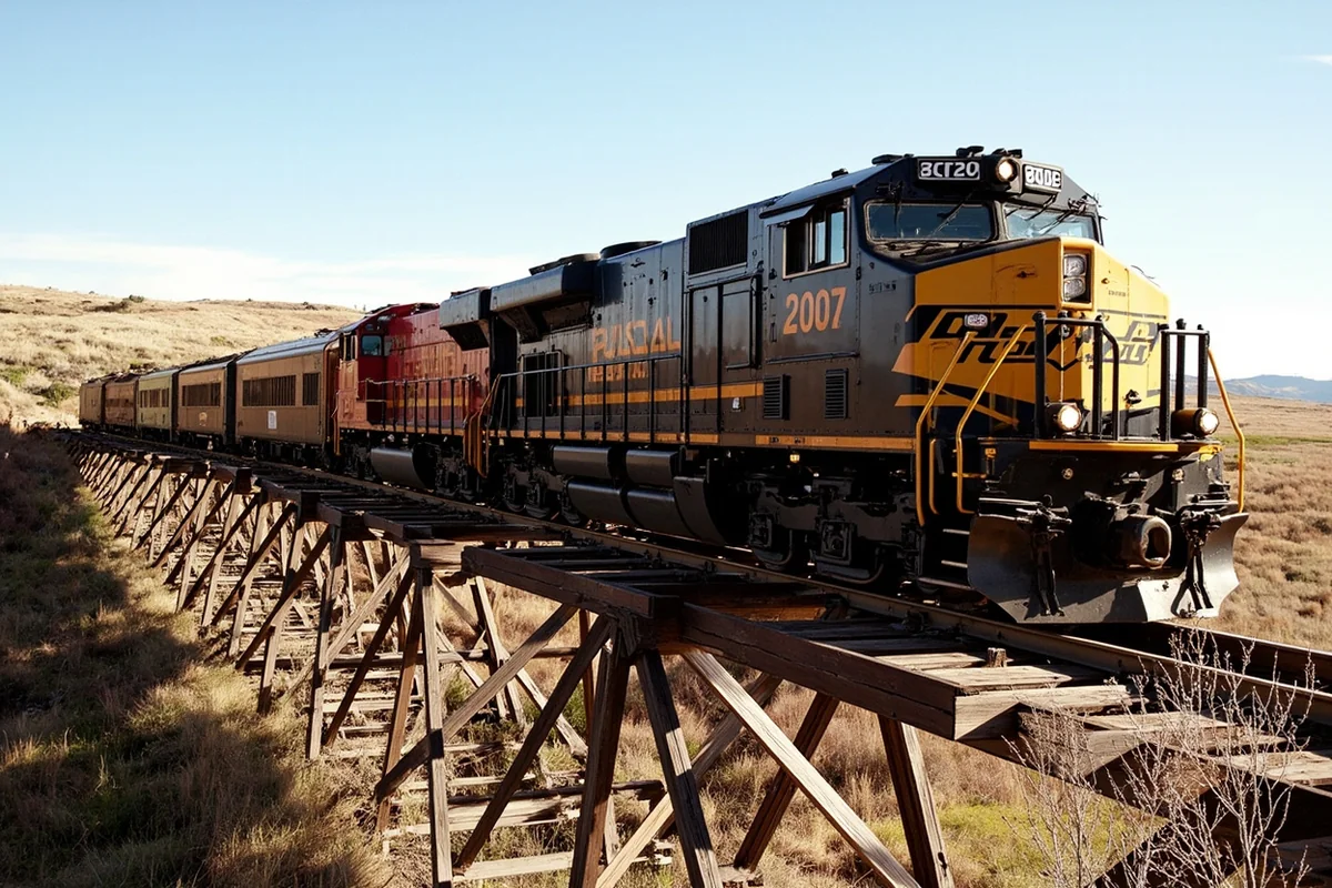 Charlie Russell Chew-Choo train crossing a wooden trestle bridge in the Judith Basin