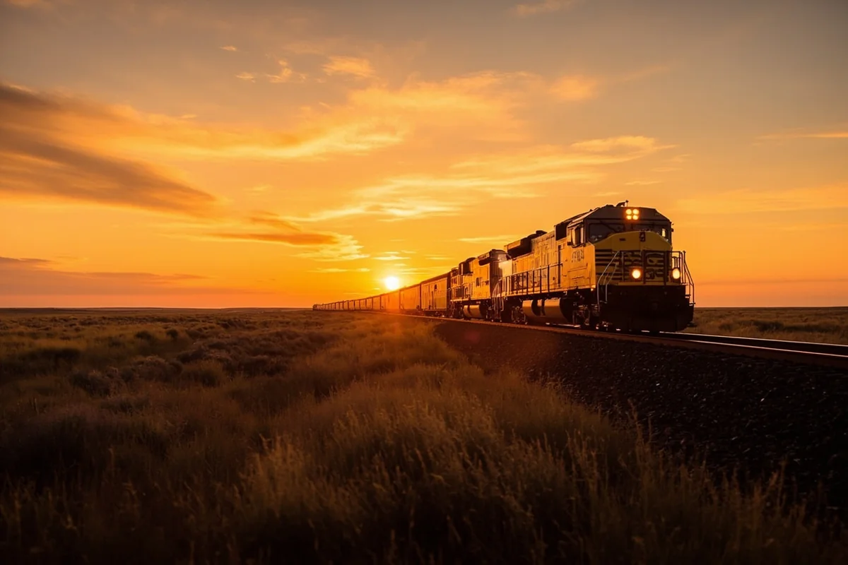 Charlie Russell Chew Choo train crossing prairie landscape at sunset