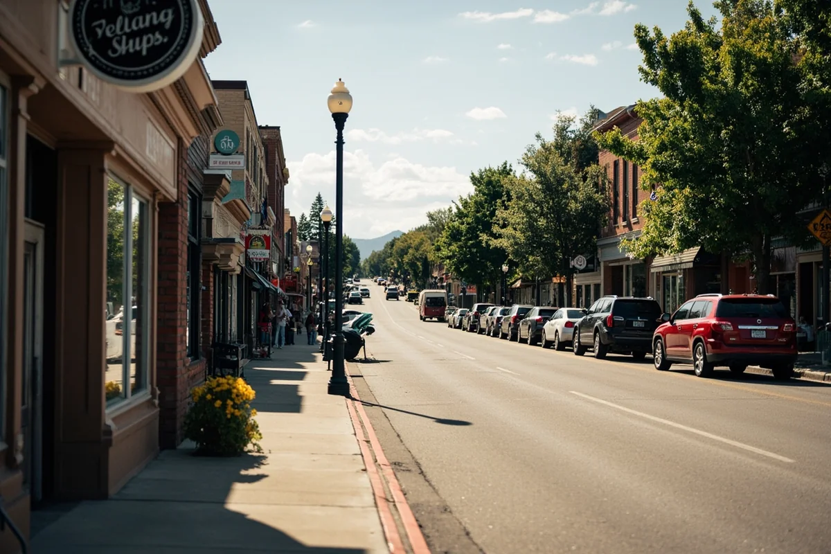 Charming downtown street in a small Montana town with local shops