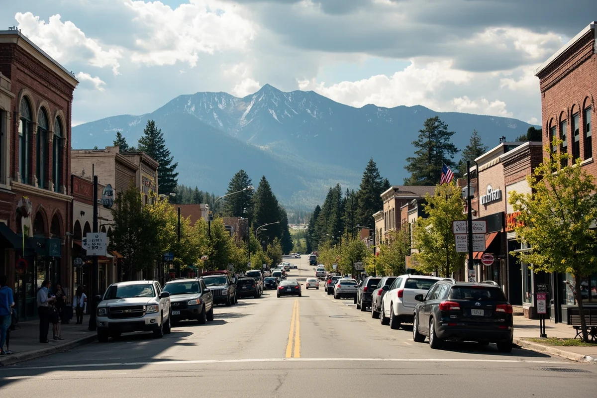 Charming main street in a small Montana town with local shops and mountain views