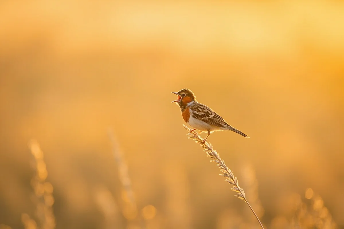 Chestnut-collared Longspur singing on prairie grass stem in golden morning light