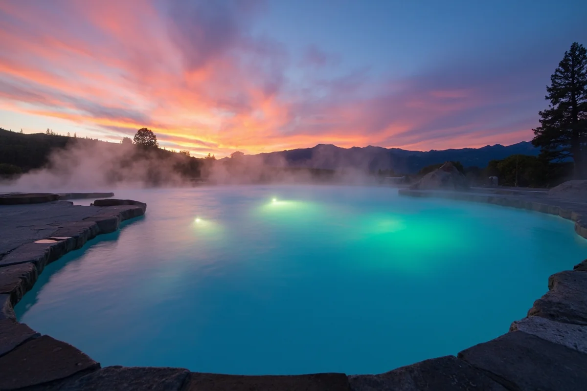Chico Hot Springs pool at dusk with steam rising and mountains in background
