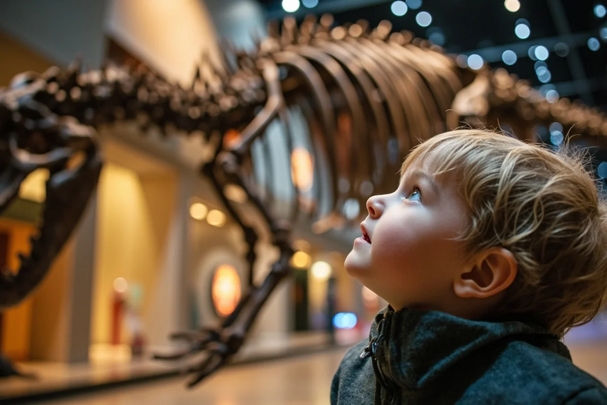 Child looking up at T-Rex skeleton display at Museum of the Rockies