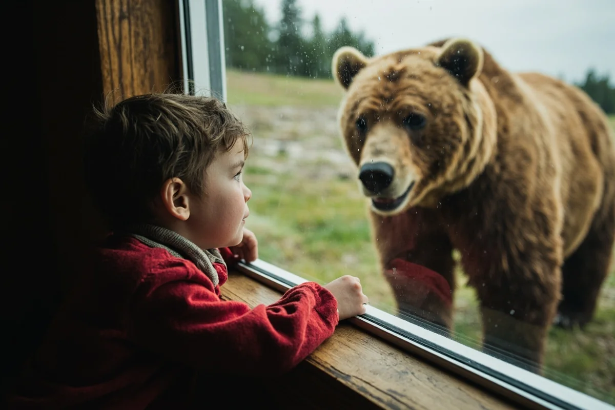 Child watching grizzly bear through viewing window