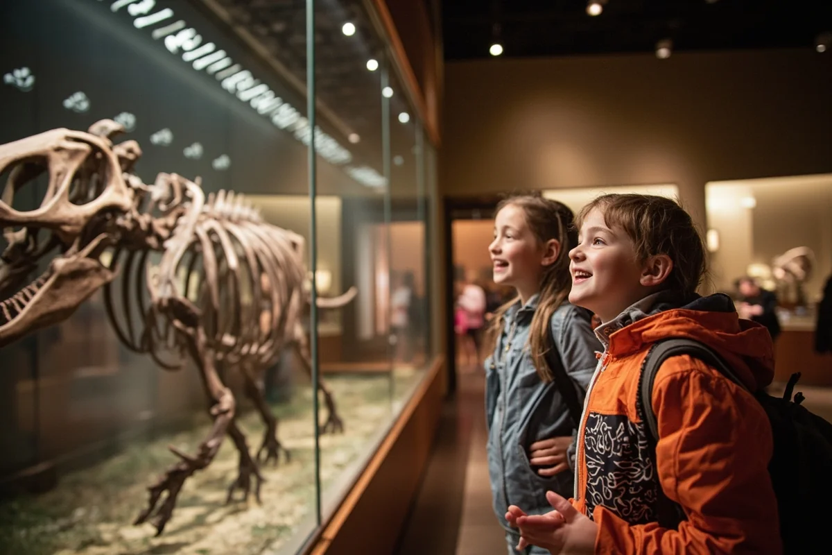 Children marveling at dinosaur skeleton display at Museum of the Rockies in Bozeman