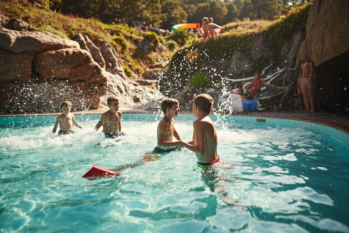 Children playing in Corkscrew Cove with small slides and splash features