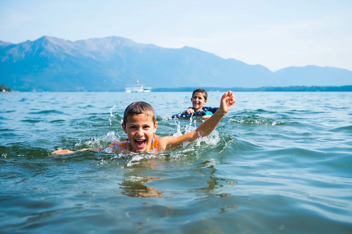 Children swimming at Flathead Lake with Mission Mountains in distance
