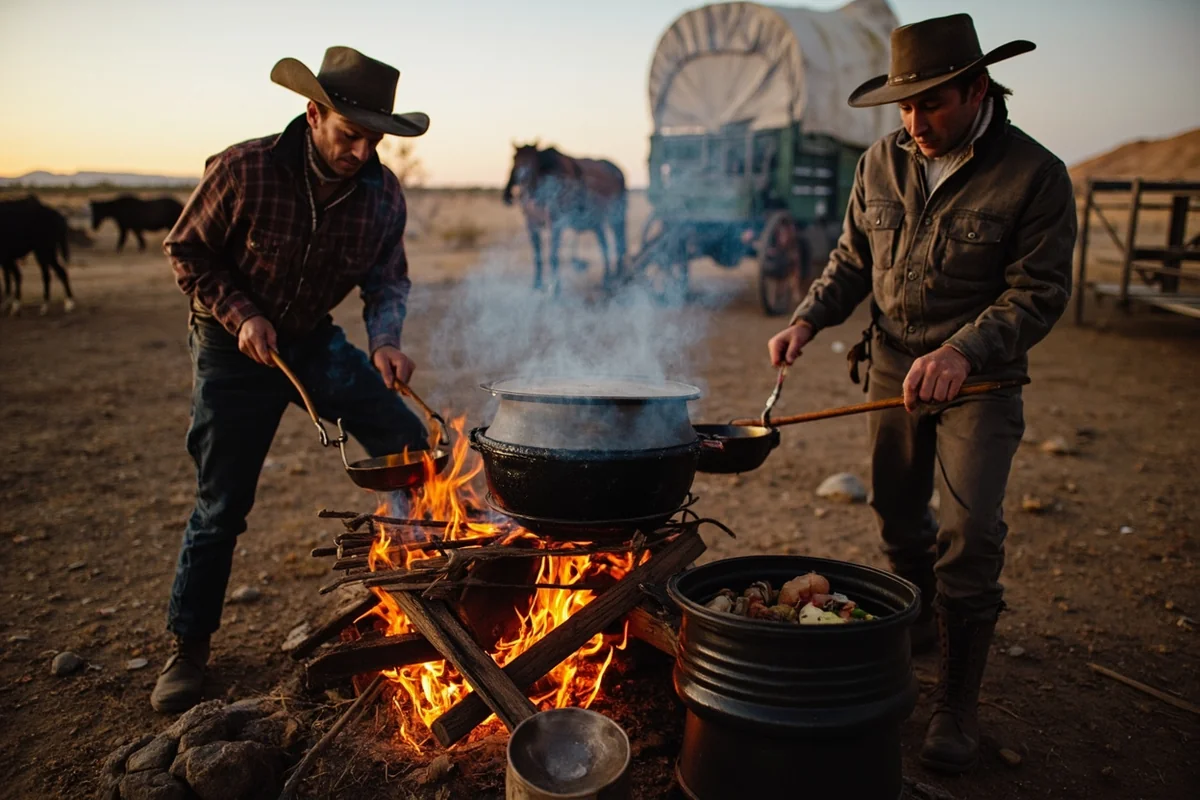 Chuck wagon setup with Dutch oven cooking over open fire, ranch hands preparing meal