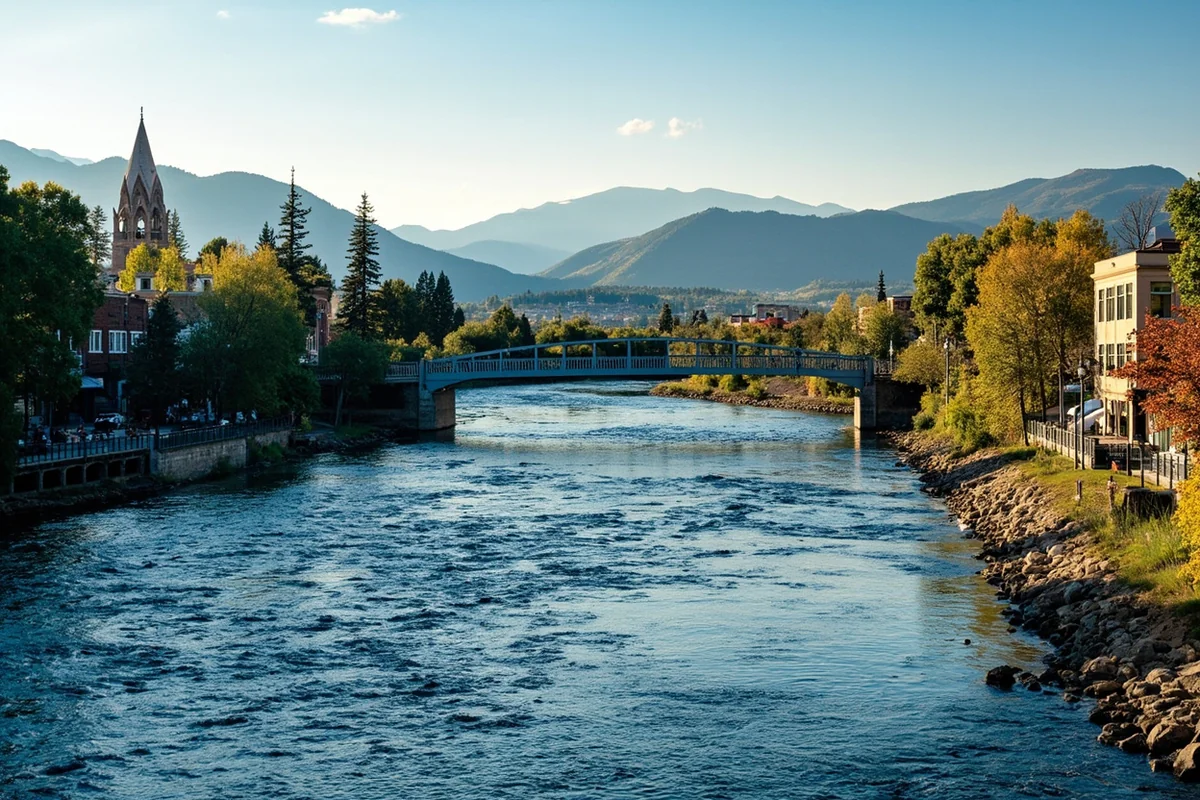 Clark Fork River flowing through downtown Missoula with Higgins Bridge and mountains