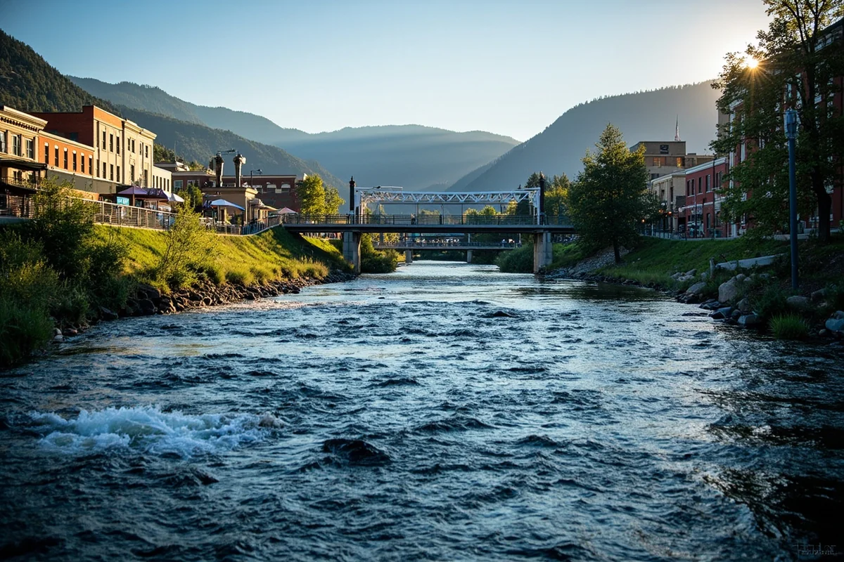 Clark Fork River flowing through downtown Missoula with the Higgins Avenue Bridge and mountains beyond