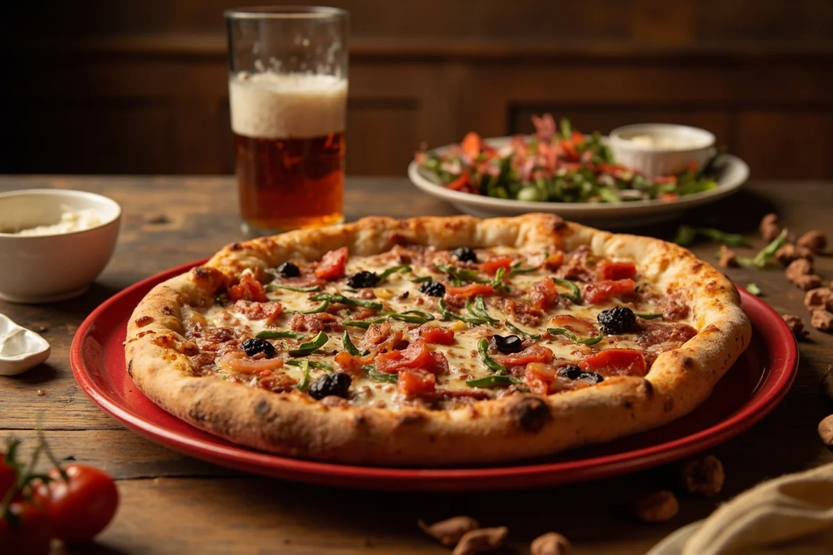 Classic Colombo's pizza with thick crust and generous toppings on traditional red serving tray