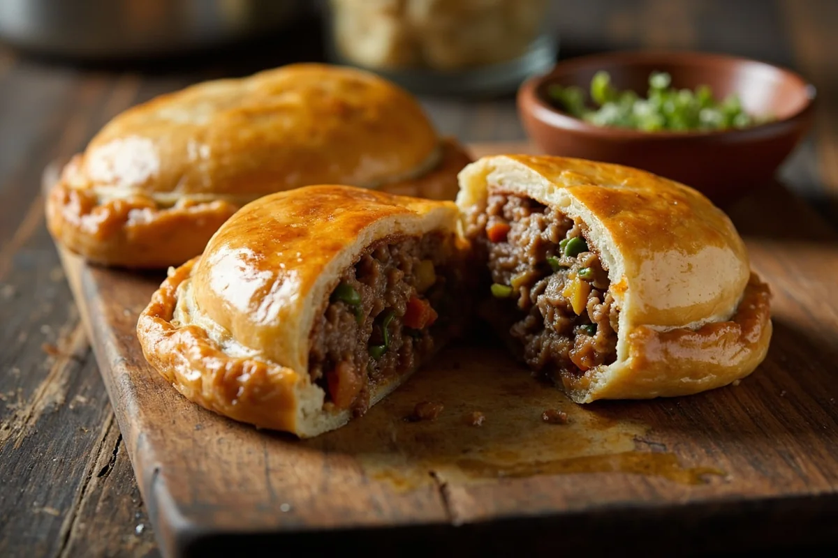 Classic Cornish pasty cut open showing beef and vegetable filling