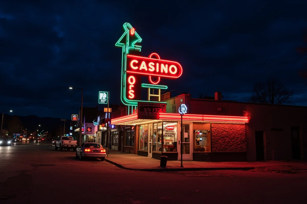Classic neon casino sign at night in a Montana small town, showing typical modest-scale gaming establishment