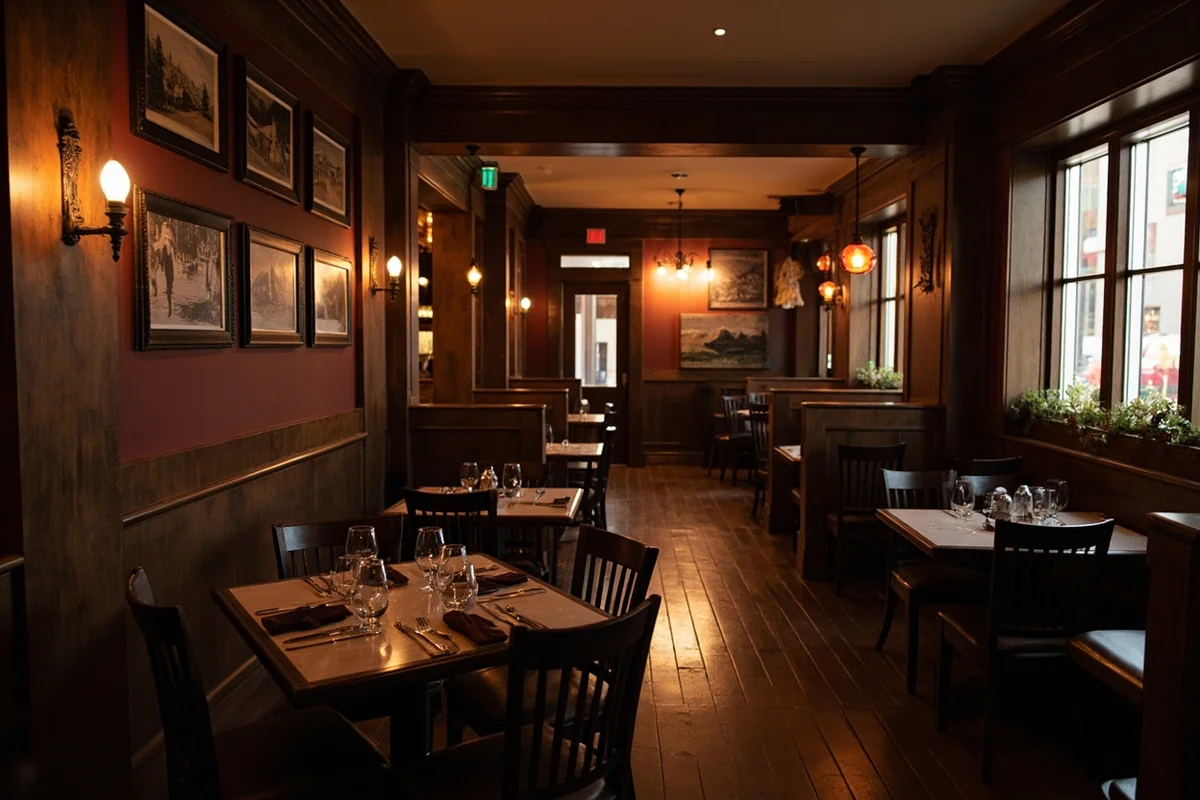 Classic steakhouse interior at Scotty's with dark wood paneling and vintage Montana photographs