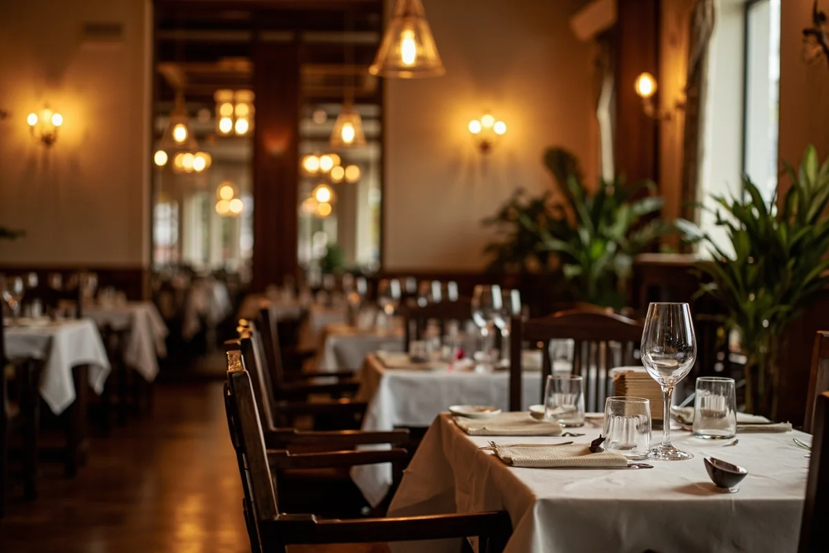 Classic steakhouse interior with white tablecloths and warm lighting