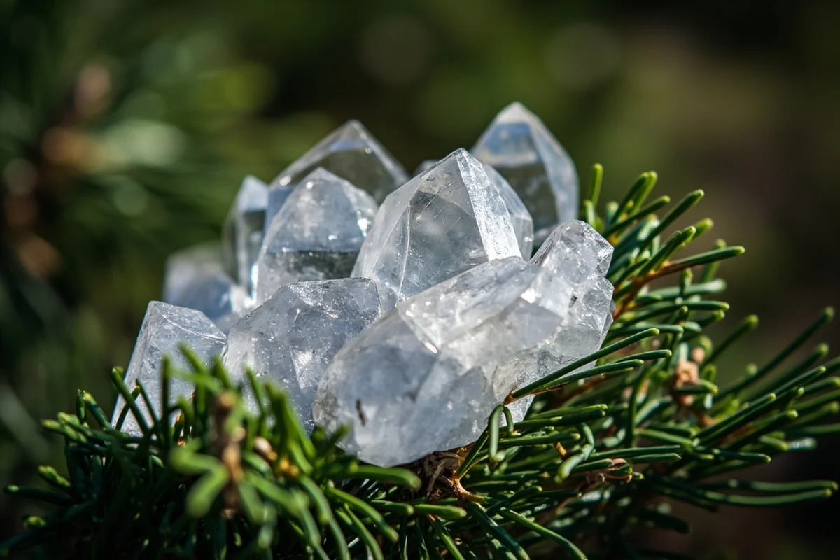 Clear quartz crystals arranged on pine needles at Crystal Park