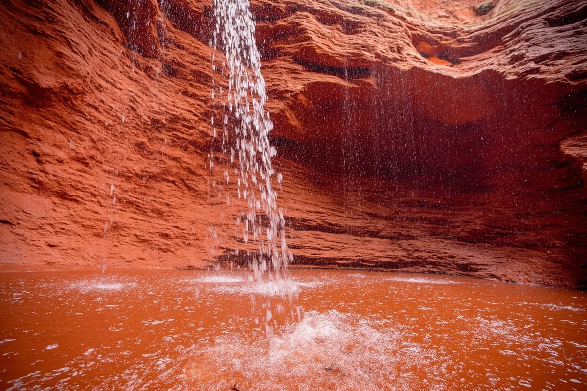 Close-up detail of Sacred Dancing Cascade showing water patterns over red argillite rock formation