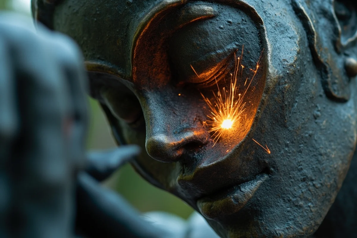 Close-up detail of statue's welded metal surface showing craftsmanship