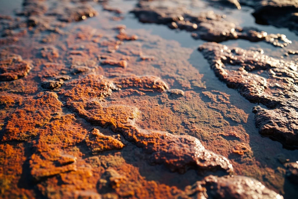 Close-up detail shot of water patterns on colorful argillite rocks