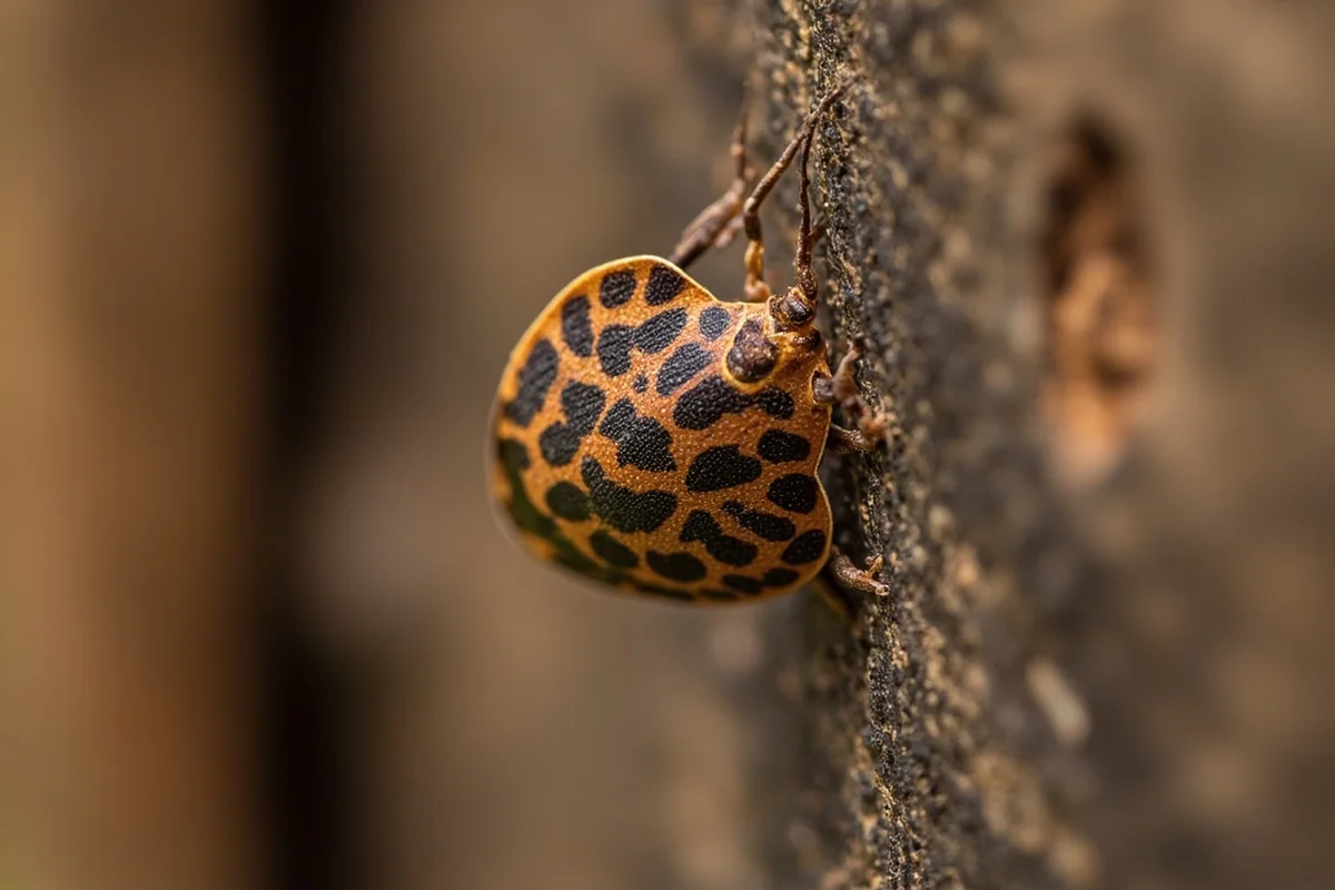 Close-up of a brown marmorated stink bug on a log cabin wall in Montana, showing distinctive shield shape and brown mottled coloring
