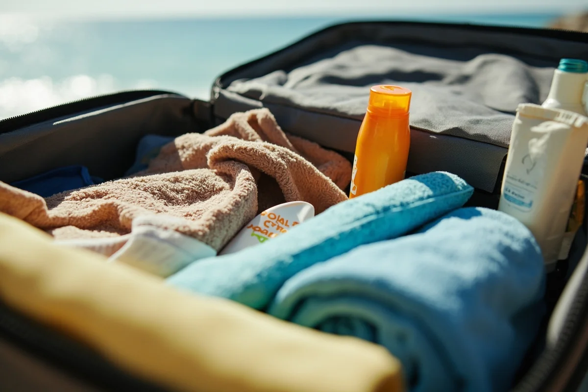 Close-up of a family's packed bag with towels, sunscreen, and pool gear visible