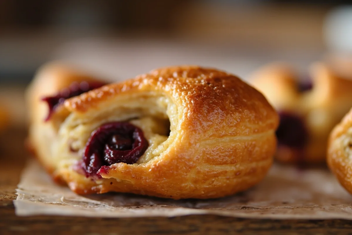 Close-up of a fresh huckleberry bear claw pastry from the Polebridge Mercantile with purple huckleberry filling visible