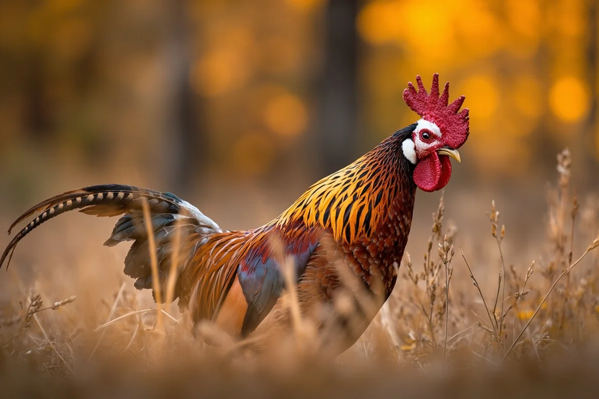 Close-up of a mature rooster pheasant displaying vibrant plumage in autumn grass