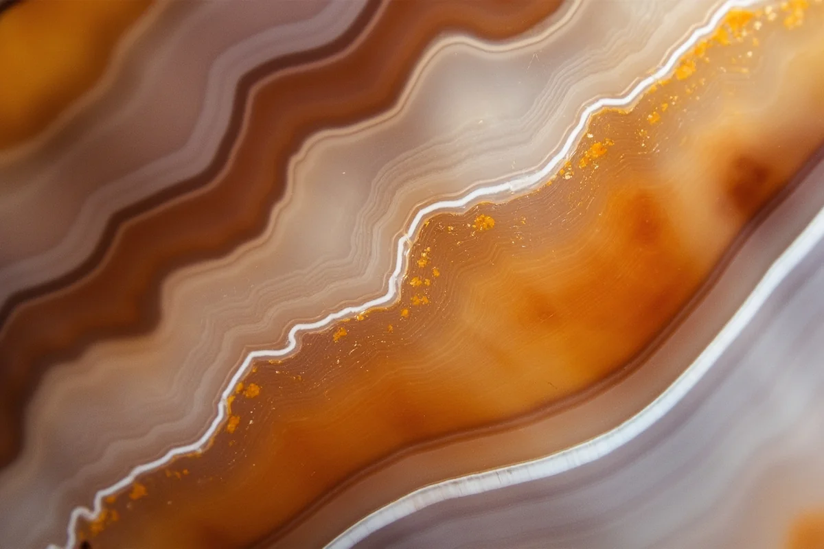 Close-up of a polished Montana Agate showing characteristic dendrite patterns against a translucent background