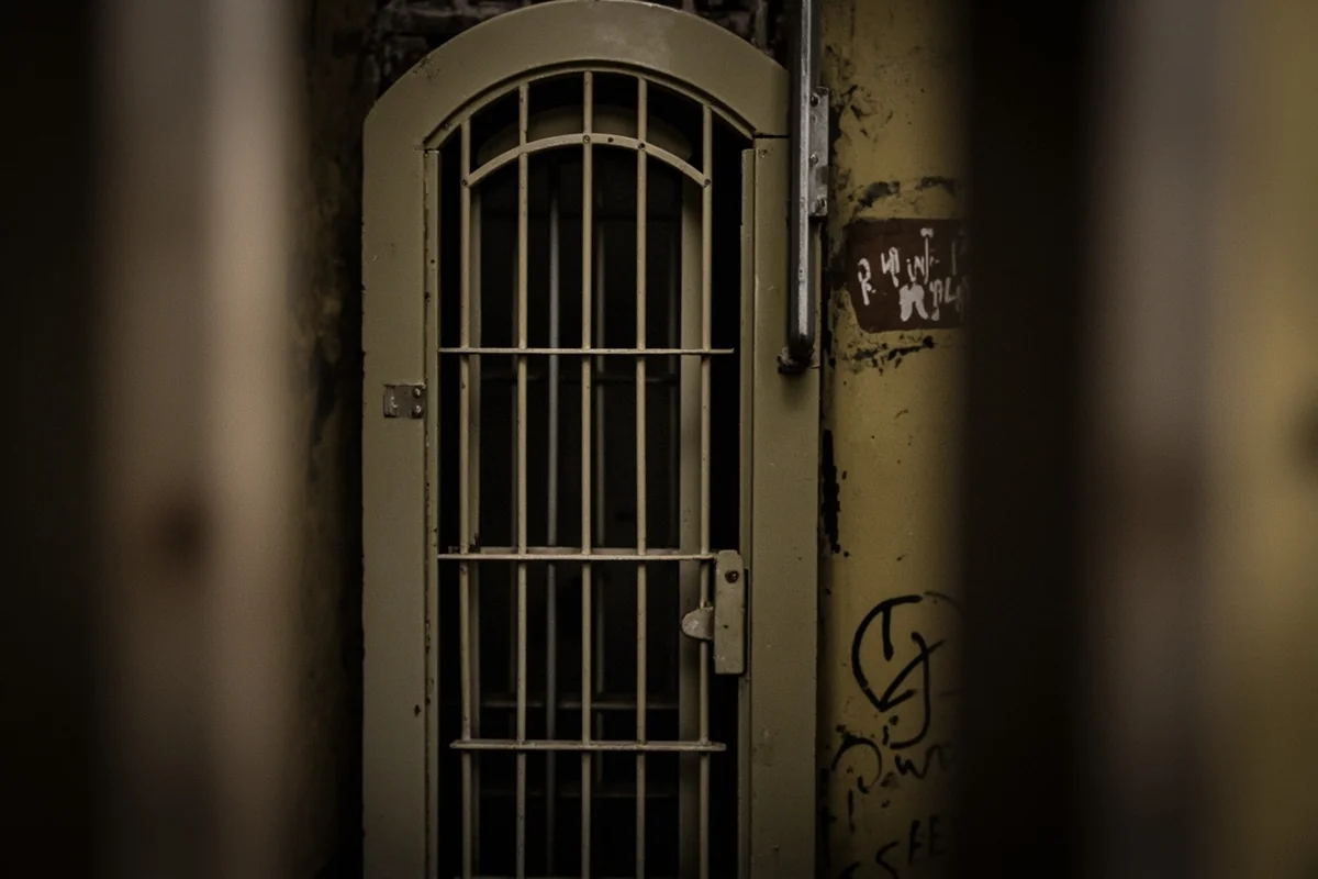 Close-up of a prison cell showing original fixtures, bars, and historical graffiti
