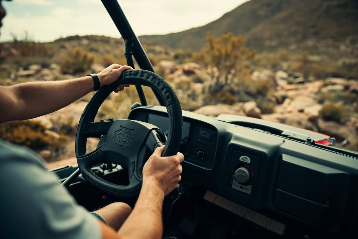Close-up of a rider's hands on a UTV steering wheel navigating rocky terrain