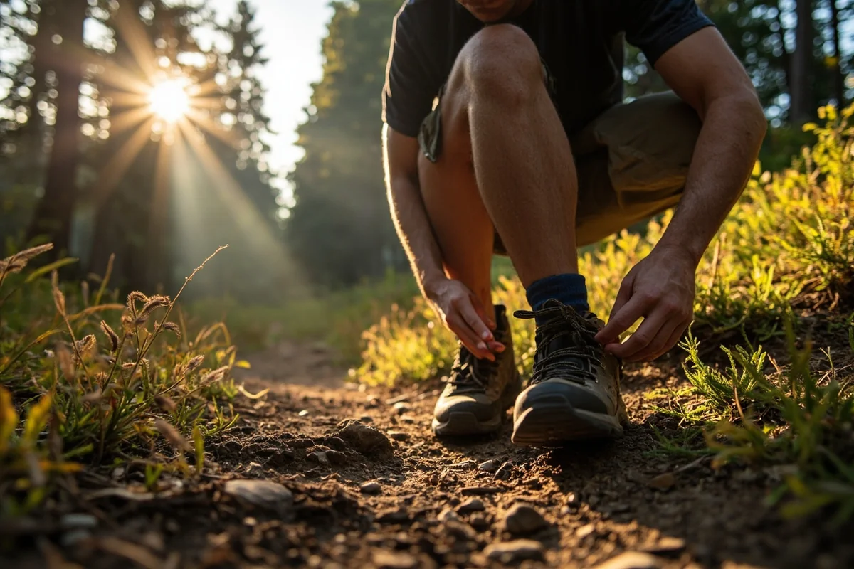 Close-up of a traveler checking their hiking boots on a Montana trail, morning light filtering through pine trees