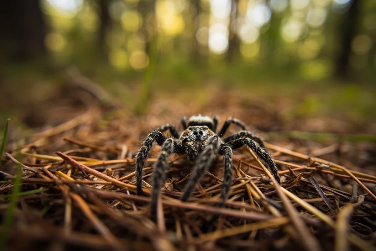 Close-up of a wolf spider on pine needle forest floor near Whitefish