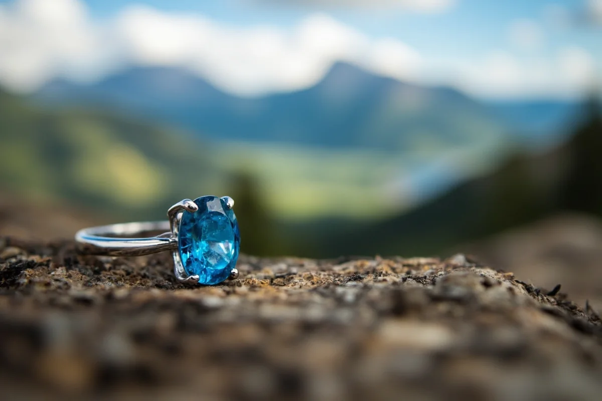 Close-up of a Yogo sapphire ring with distinctive cornflower blue color against Montana landscape