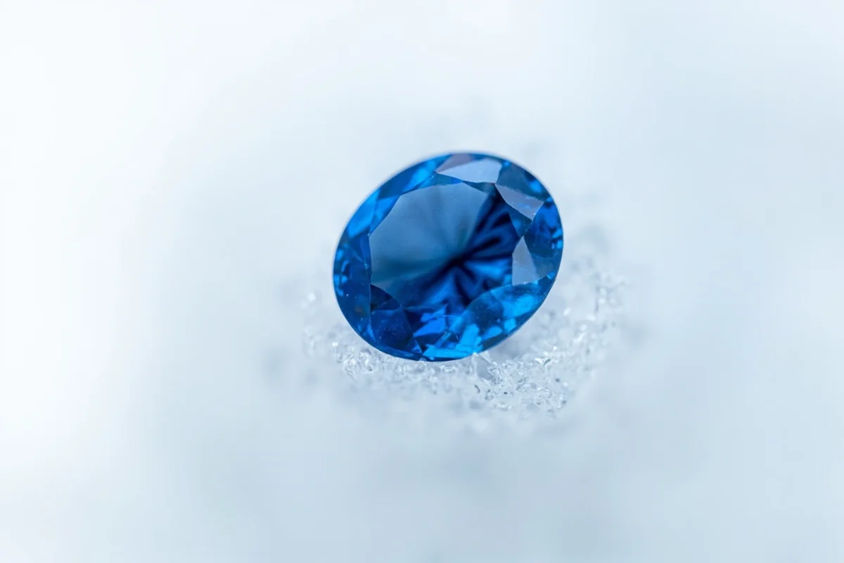Close-up of a Yogo sapphire showing its distinctive cornflower blue color against a white background