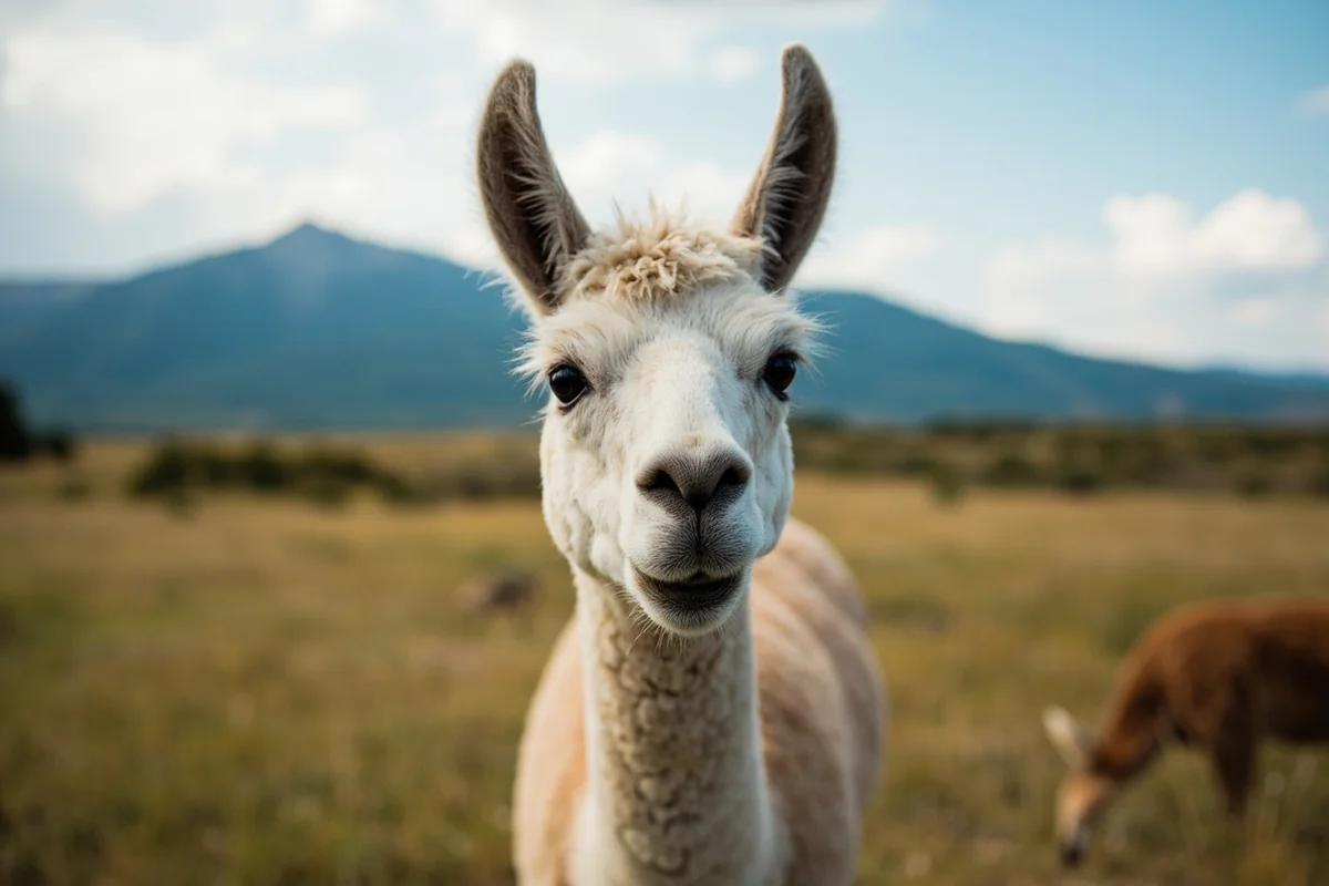 Close-up of an alpaca's face with Montana mountain backdrop