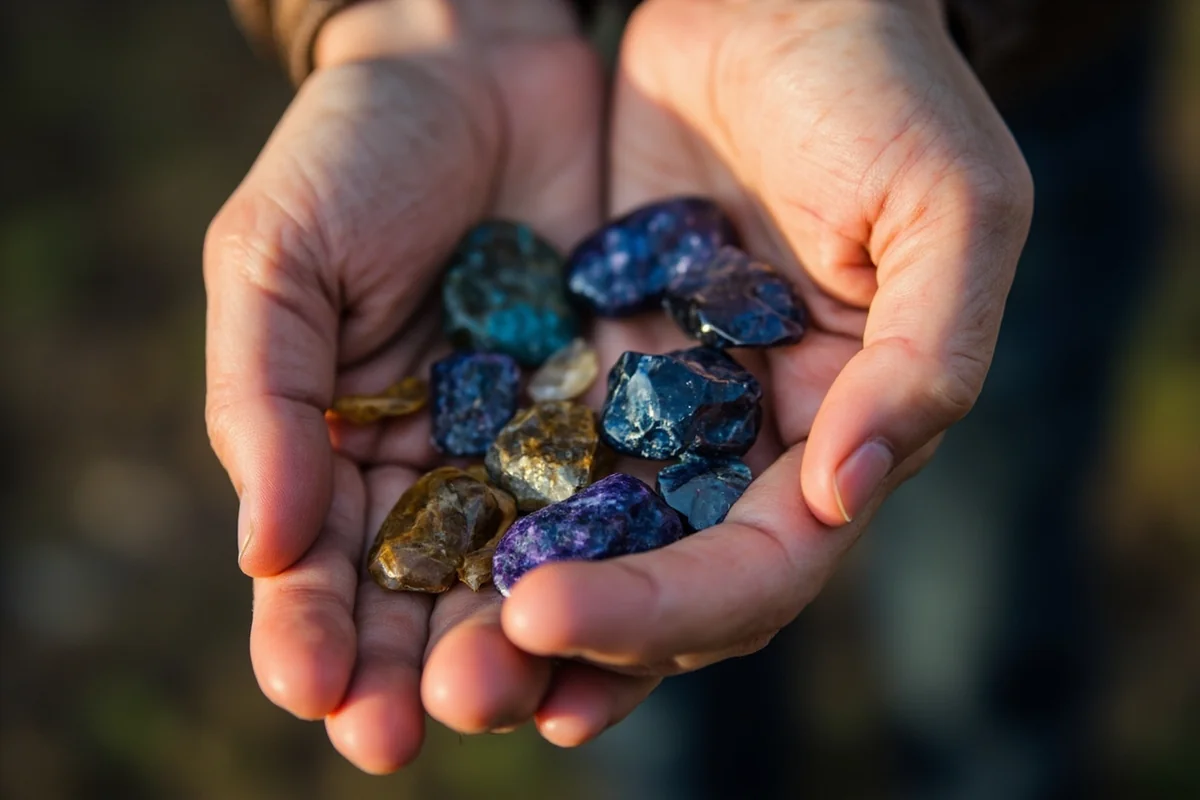 Close-up of assorted Montana sapphires in various colors held in an open palm