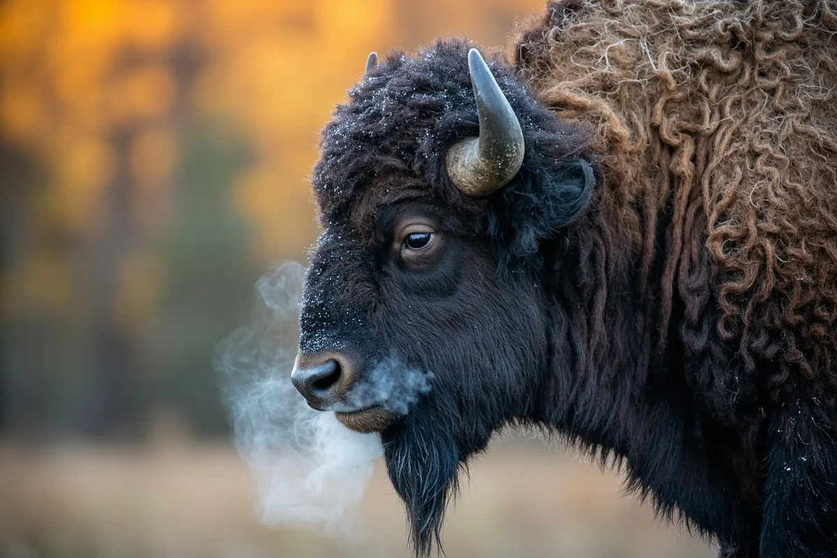 Close-up of bison bull during fall rut with frost on fur and steam from breath