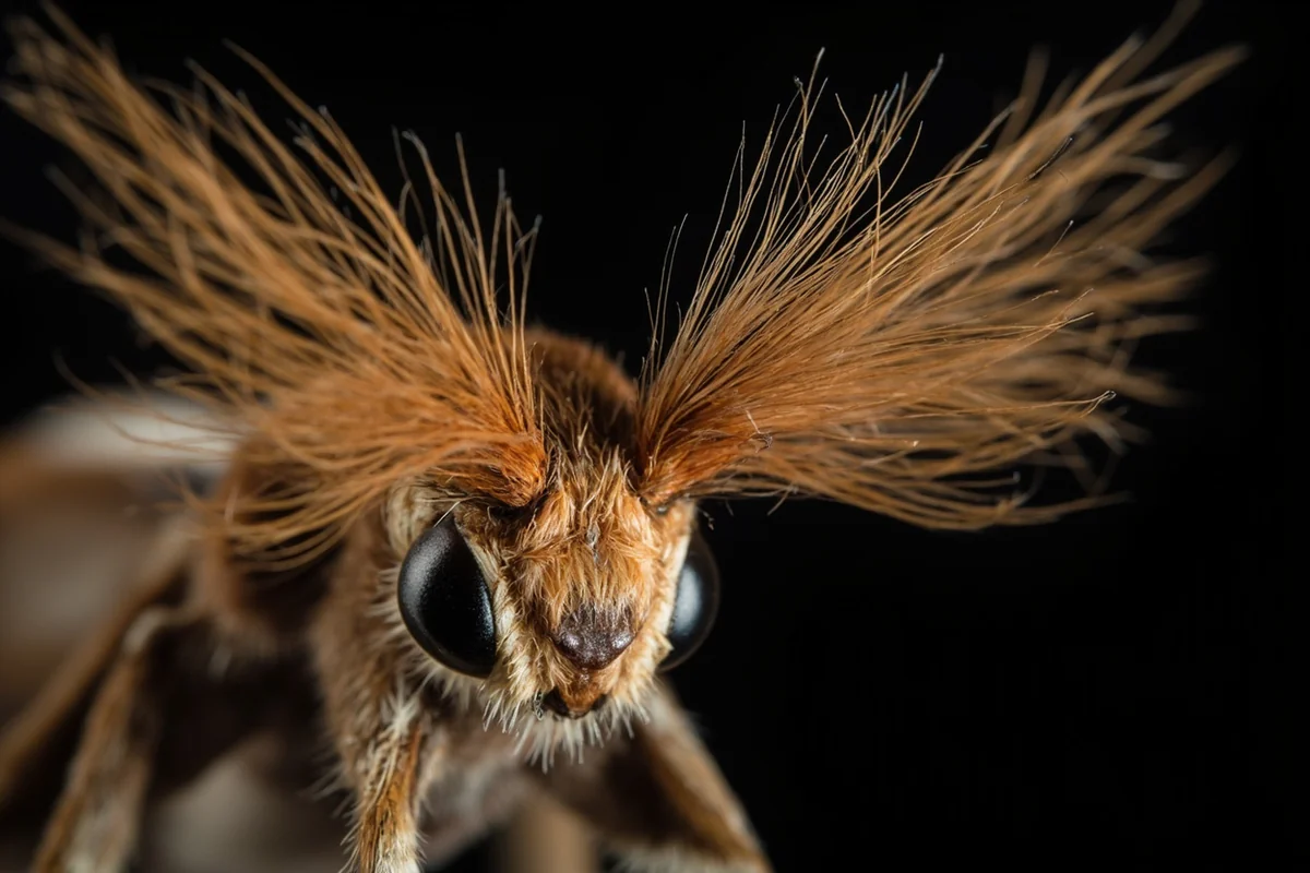 Close-up of Cecropia moth face showing feathery antennae, demonstrating the sensory organs males use to detect female pheromones from miles away