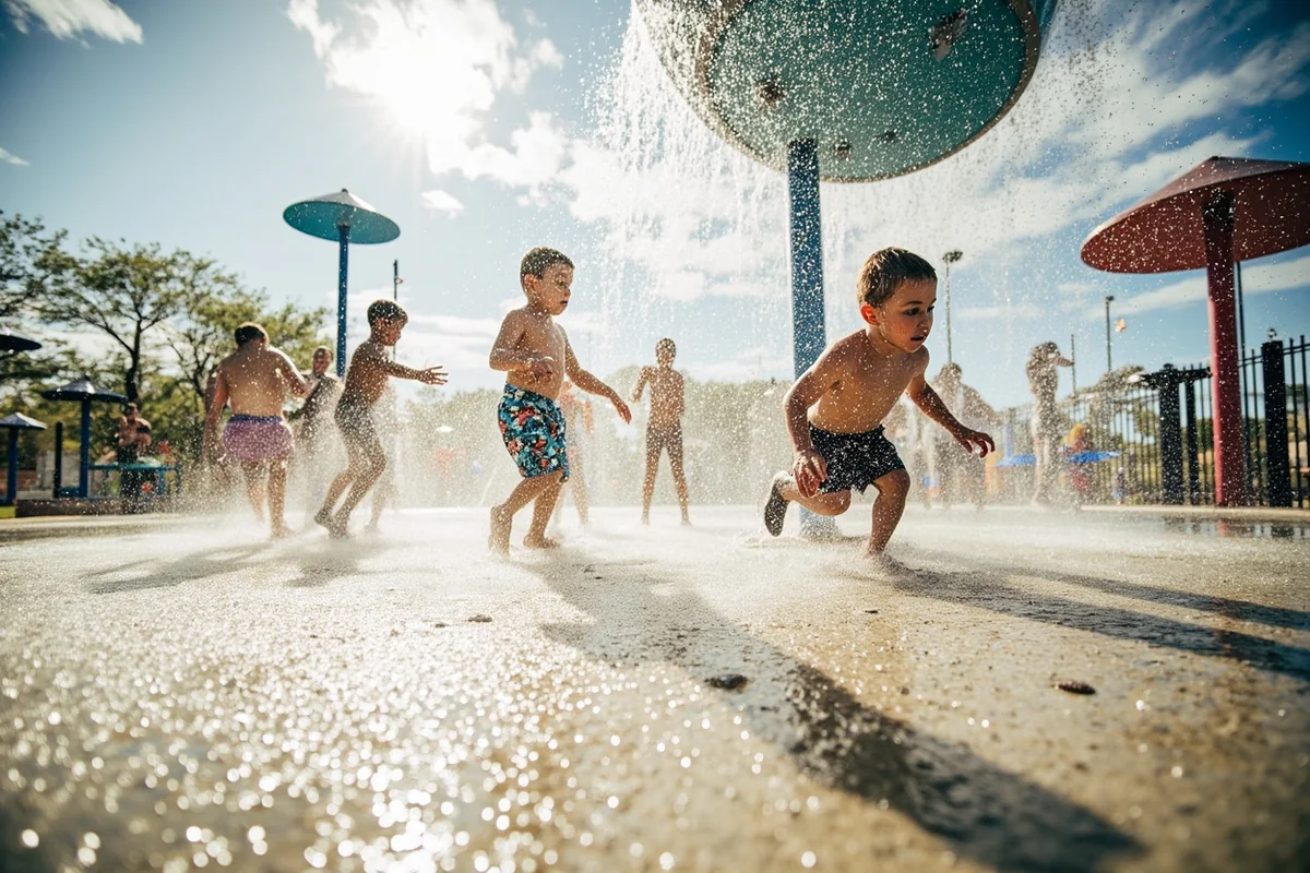Close-up of children playing under the large dumping bucket feature at Castle Rock Splash Park