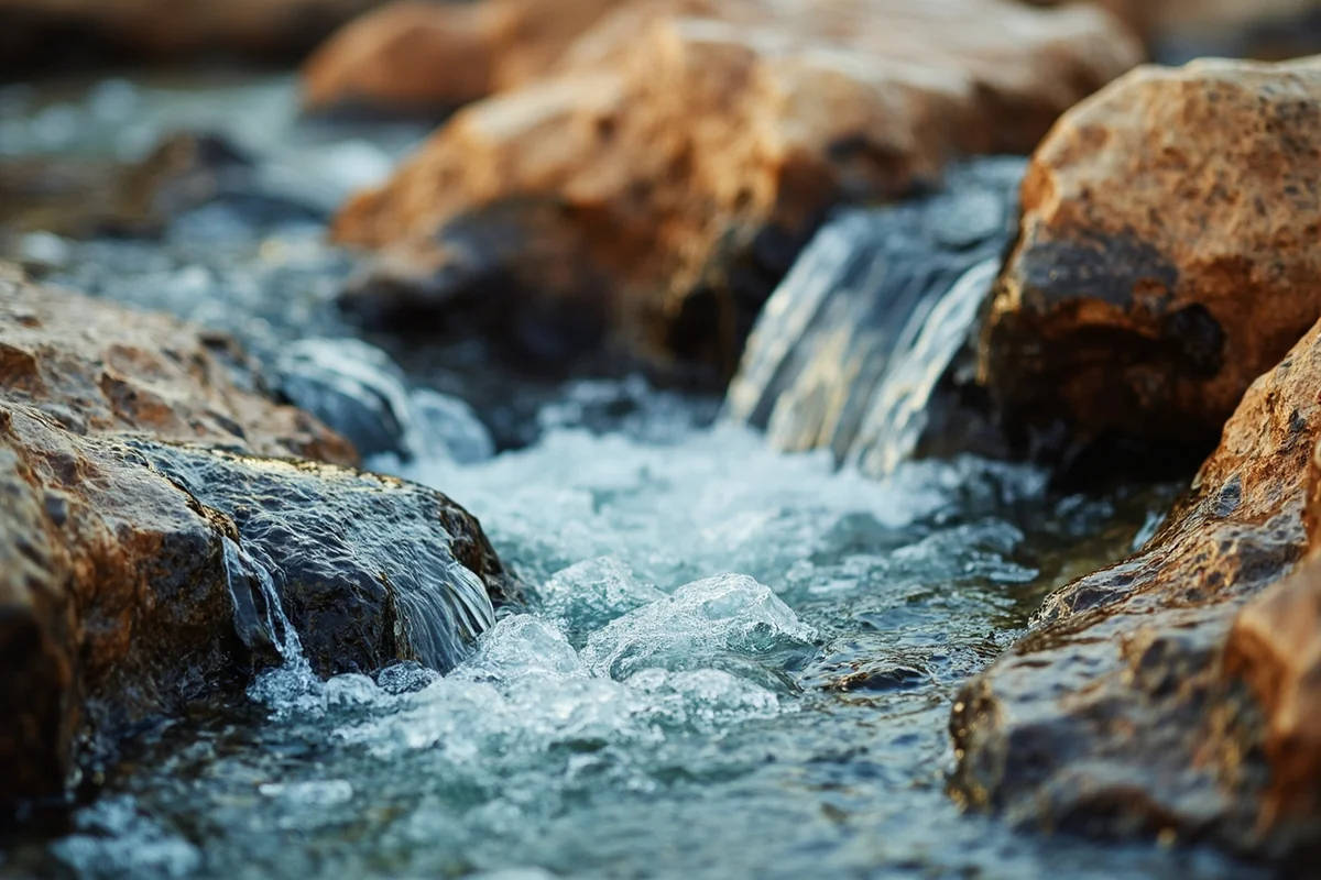 Close-up of clear hot spring water flowing over natural rocks at Potosi