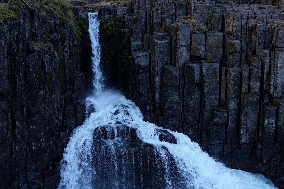 Close-up of columnar basalt rock formations beside Palisade Falls with water streaming down