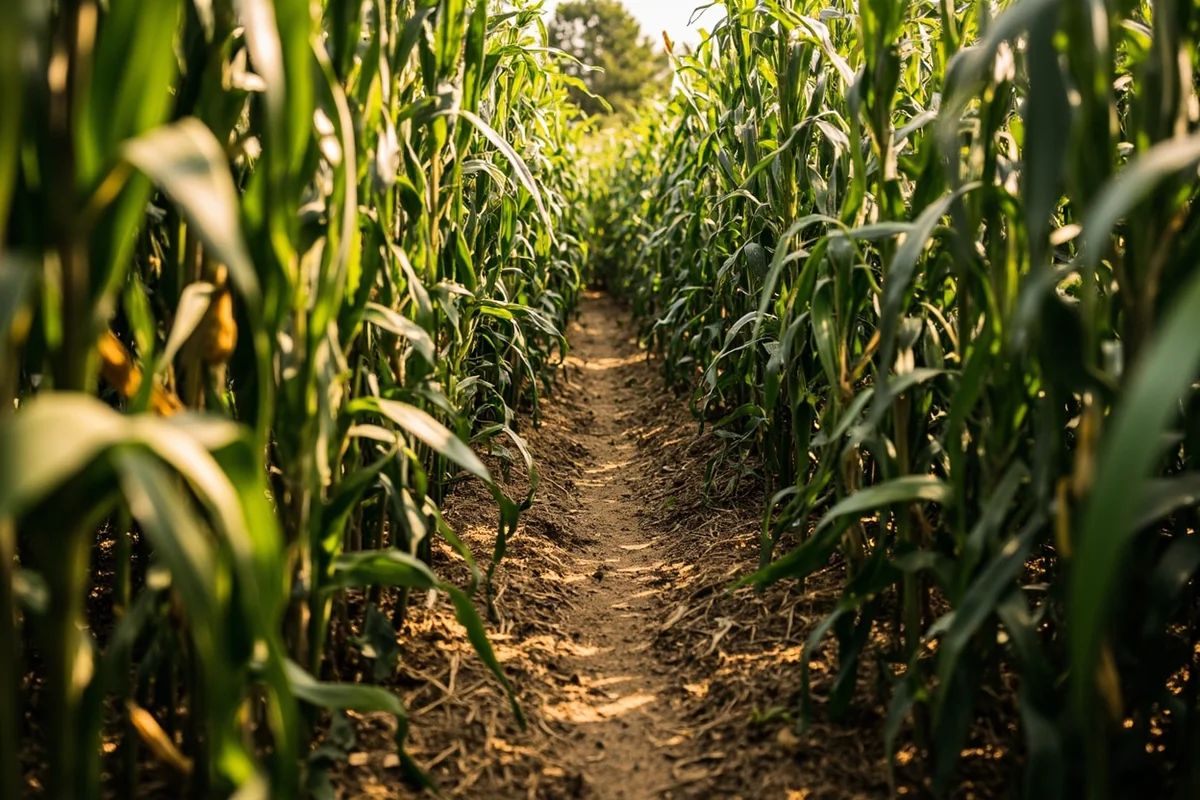 Close-up of corn stalks with maze pathway at Pryor Creek Farm showing the intricate turns and dead ends